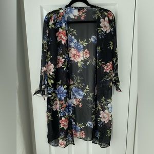 Haute Monde Sheer Black Blue Feminine Floral Kimono Medium NWT